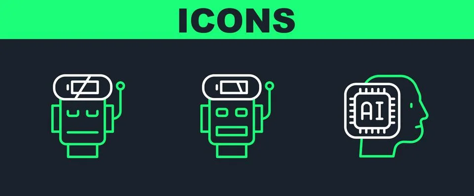 Set line Humanoid robot, Robot low battery charge and  icon. Vector Stock Illustration