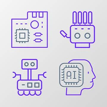 Set line Humanoid robot, Robot, Mechanical hand and Motherboard digital chi.. Stock Illustration