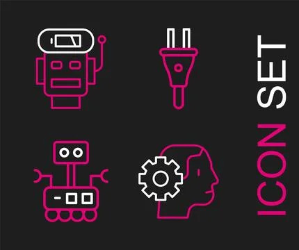 Set line Humanoid robot, Robot, Electric plug and low battery charge icon. .. Stock Illustration