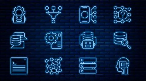 Set line Humanoid robot, Server, Neural network, Data, Robot setting, Artificial Illustration