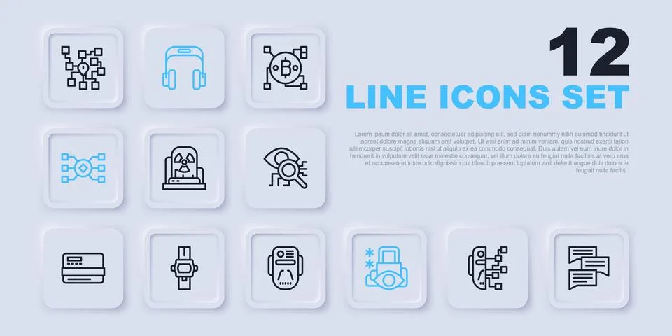 Set line Humanoid robot, Speech bubble chat, Radioactive warning lamp, Cybe.. Illustrazione stock