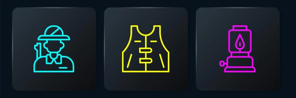 Set line Hunter, Camping lantern and Hunting jacket. Black square button. Vector Stock Illustration