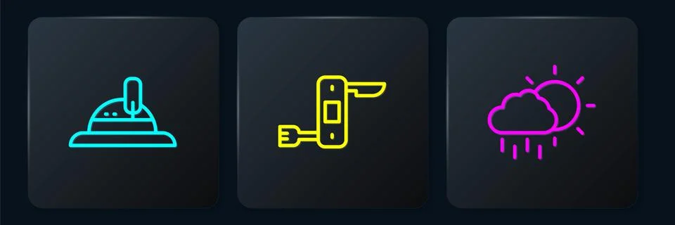 Set line Hunter hat, Cloud with rain and Swiss army knife. Black square button Stock Illustration