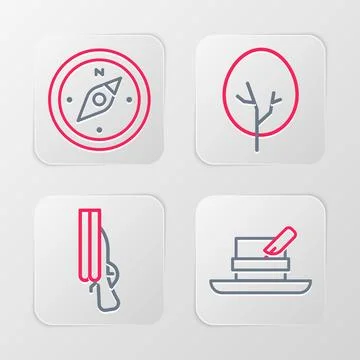 Set line Hunter hat with feather, Shotgun, Tree and Compass icon. Vector Illustrazione stock