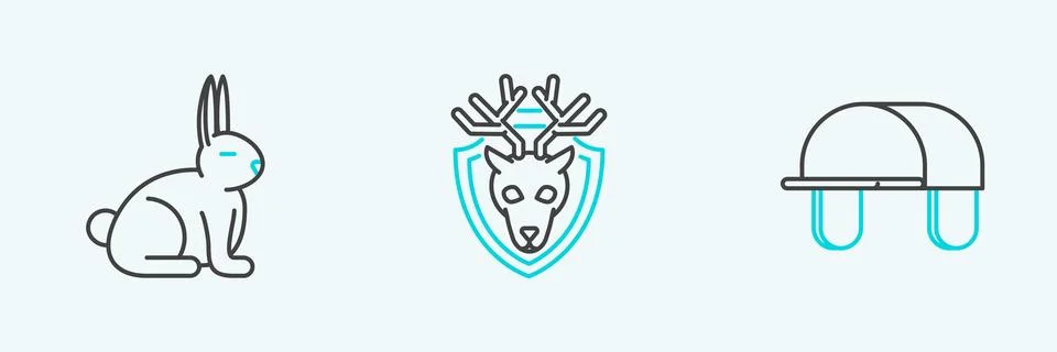 Set line Hunter hat, Rabbit and Deer head with antlers on shield icon. Vector Stock Illustration