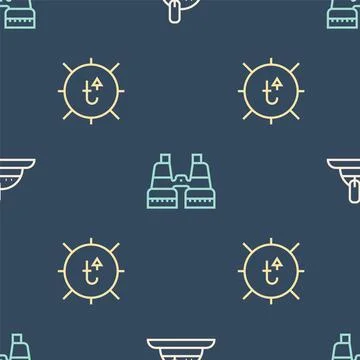 Set line Hunter hat, Sun and Binoculars on seamless pattern. Vector Stockillustratie