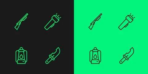 Set line Hunter knife, Camping lantern, Hunting gun and Flashlight icon. Vector Stock Illustration