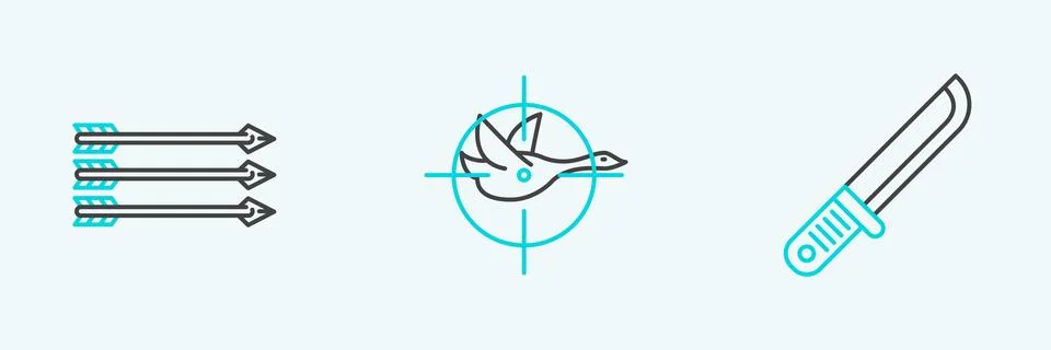 Set line Hunter knife, Hipster arrows and on duck with crosshairs icon. Vecto Stock Illustration