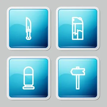 Set line Hunter knife, Lighter, Bullet and Road traffic sign icon. Vector Illustration