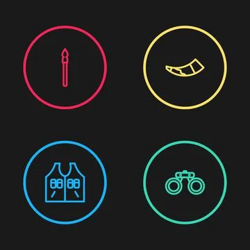 Set line Hunting jacket, Binoculars, horn and Medieval spear icon. Vector イラスト素材