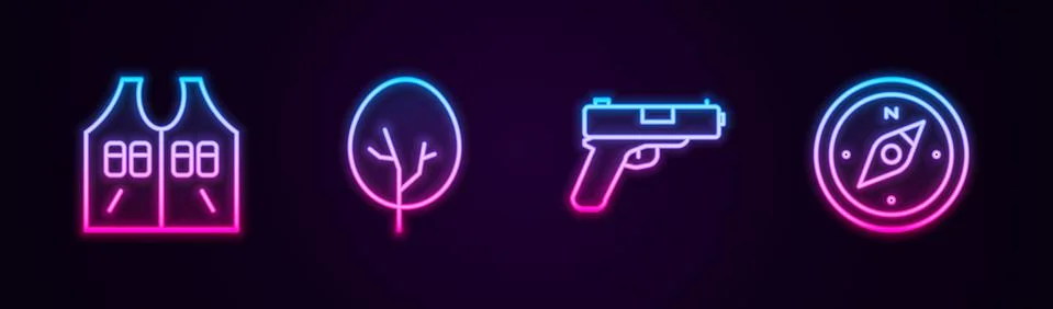 Set line Hunting jacket, Tree, Pistol or gun and Compass. Glowing neon icon Illustrazione stock