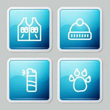 Set line Hunting jacket, Winter hat, Pepper spray and Paw print icon. Vector Stockillustratie