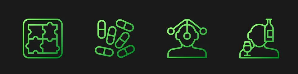 Set line Hypnosis, Solution problem in psychology, Medicine pill or tablet and Illustrazione stock