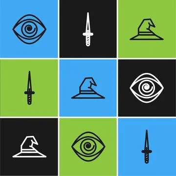 Set line Hypnosis, Witch hat and Dagger icon. Vector Stock Illustration