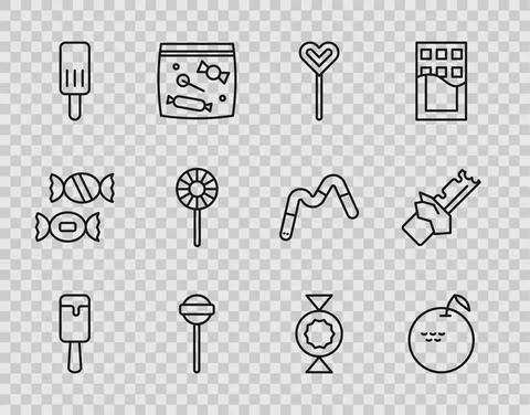 Set line Ice cream, Apple, Lollipop, Candy and Bitten chocolate bar icon. Vector Stock Illustration
