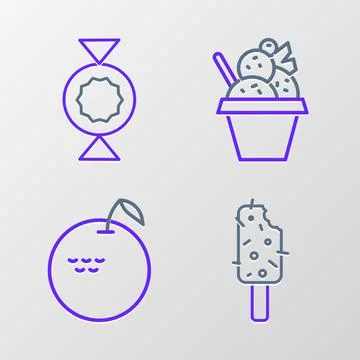 Set line Ice cream, Apple, in bowl and Candy icon. Vector Stock Illustration