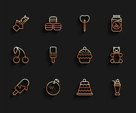 Set line Ice cream, Apple, Bitten chocolate bar, Cake, Milkshake, Jelly bear Stock Illustration