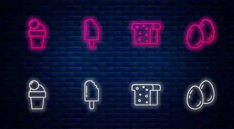 Set line Ice cream, Bread toast, and Easter eggs. Glowing neon icon on brick Illustrazione stock