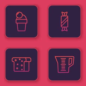 Set line Ice cream, Bread toast, Candy and Measuring cup. Blue square button Stockillustratie