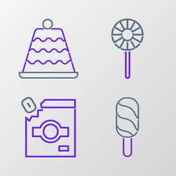 Set line Ice cream, Candy packaging for sweets, Lollipop and Cake icon. Vecto Stock Illustration
