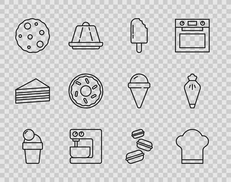 Set line Ice cream, Chef hat, Electric mixer, Cookie or biscuit, Donut, Mac.. Stock Illustration
