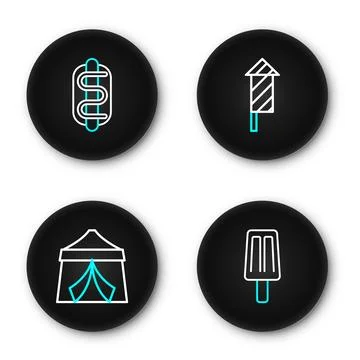 Set line Ice cream, Circus tent, Firework rocket and Hotdog sandwich icon. .. Stock Illustration