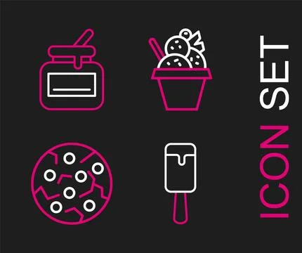 Set line Ice cream, Cookie or biscuit, in bowl and Jar of honey icon. Vector Stock Illustration