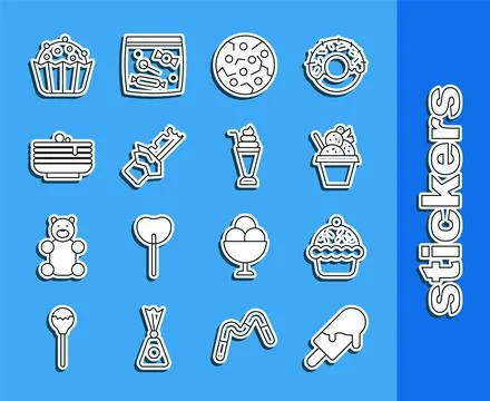 Set line Ice cream, Cupcake, in bowl, Cookie or biscuit, Bitten chocolate bar Stock Illustration