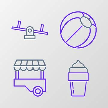 Set line Ice cream, Fast street food cart, Beach ball and Seesaw icon. Vector Stock Illustration