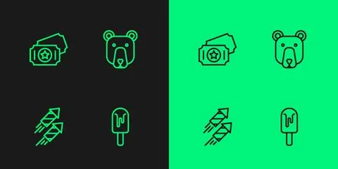 Set line Ice cream, Firework rocket, Circus ticket and Bear head icon. Vector Иллюстрация