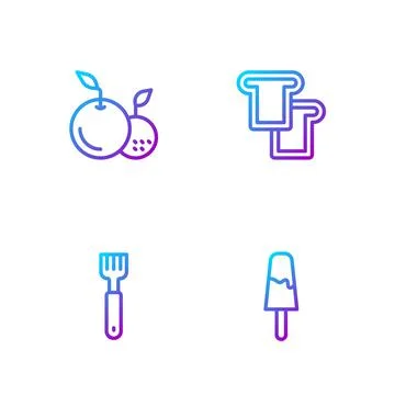 Set line Ice cream, Fork, Fruit and Bread toast. Gradient color icons. Vector Stock Illustration