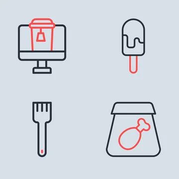 Set line Ice cream, Fork, Online ordering meal and food icon. Vector Ilustración de archivo
