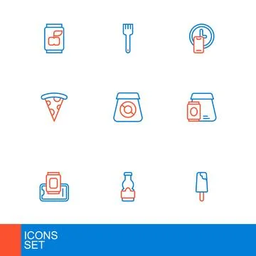 Set line Ice cream, Sauce bottle, Food ordering on mobile, Online food, Sli.. Stock Illustration