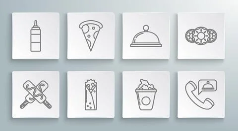 Set line Ice cream, Slice of pizza, Doner kebab, Popcorn in cardboard box, .. Stock Illustration