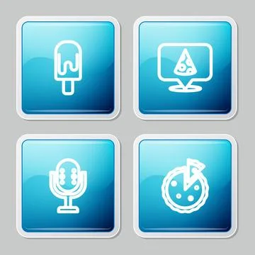 Set line Ice cream, Slice of pizza, Microphone and Homemade pie icon. Vector 스톡 일러스트