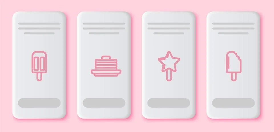 Set line Ice cream, Stack of pancakes, Lollipop and . White rectangle button Stock Illustration