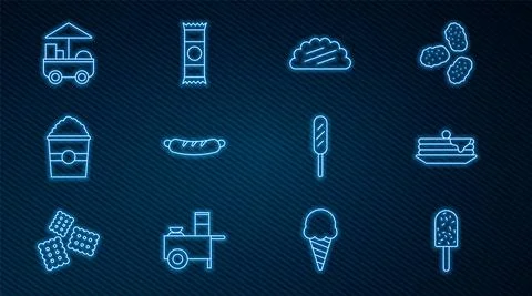 Set line Ice cream, Stack of pancakes, Taco with tortilla, Hotdog sandwich Stock Illustration