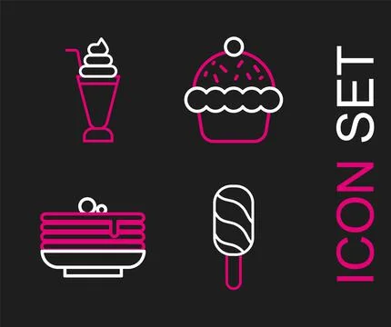 Set line Ice cream, Stack of pancakes, Cupcake and Milkshake icon. Vector Illustrazione stock