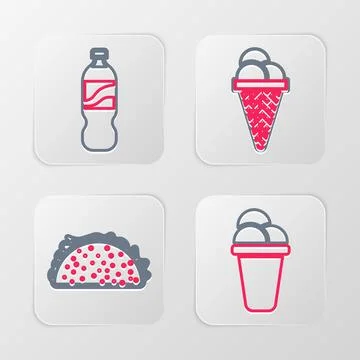 Set line Ice cream, Taco with tortilla, in waffle cone and Bottle of water .. Stock Illustration