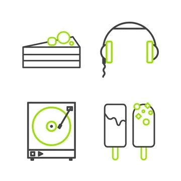 Set line Ice cream, Vinyl player with vinyl disk, Headphones and Cake icon... Stock Illustration