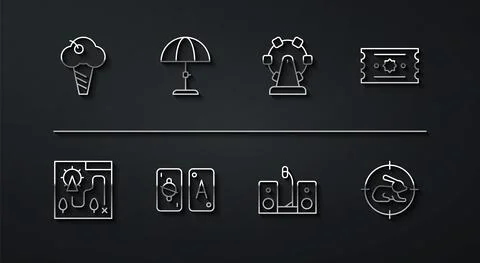 Set line Ice cream in waffle cone, Amusement park map, Ticket, Home stereo with Ilustração Stock