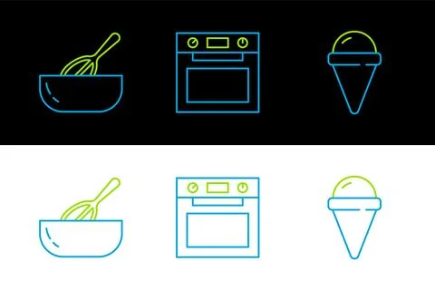 Set line Ice cream in waffle cone, Kitchen whisk and bowl and Oven icon. Vect Illustration