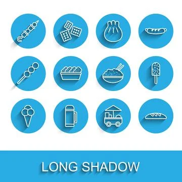 Set line Ice cream in waffle cone, Thermos container, Grilled shish kebab, .. Stock Illustration
