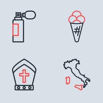 Set line Ice cream in waffle, Pope hat, Map of Italy and Perfume icon. Vector Stock Illustration