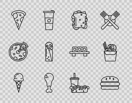Set line Ice cream in waffle cone, Burger, Sandwich, Chicken leg, Slice of .. 스톡 일러스트