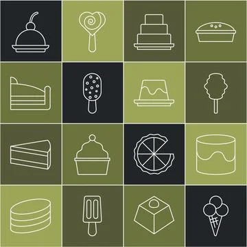 Set line Ice cream in waffle cone, Cake, Cotton candy, Piece of cake, Cherr.. Stock Illustration