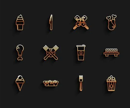 Set line Ice cream in waffle cone, Hotdog sandwich with mustard, Fork, Popc.. Stock Illustration