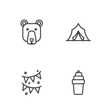 Set line Ice cream in waffle, Carnival garland with flags, Bear head and Ci.. Stock Illustration