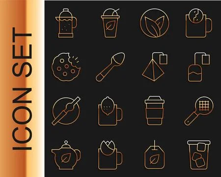 Set line Ice tea, Tea strainer with handle, bag, leaf, Teaspoon, Cookie or .. Illustration