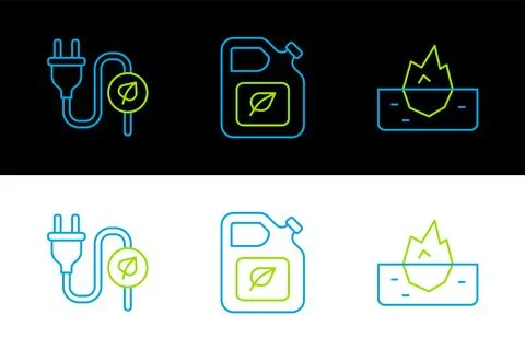 Set line Iceberg, Electric saving plug in leaf and Bio fuel canister icon. .. イラスト素材